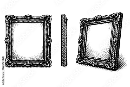 Decorative picture frame icon represented as one object displayed in three views: straight-on front view, side profile view, and angled