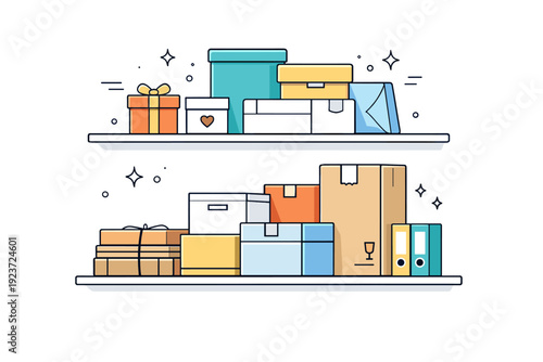 Saved boxes storage. Editorial closet interior with various retail and shipping boxes stacked by size. Tidy collection hinting at future use or memory.