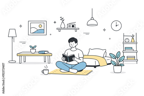 Simple living. Editorial-style home scene with minimal furniture, open space, and gentle daylight, expressing slow living and reduced