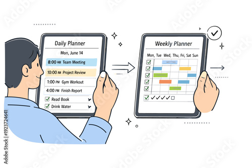 Digital Planning Workflow. Digital planner interaction. Person swiping through daily and weekly agenda on tablet with highlighted tasks, calm and focused mood.