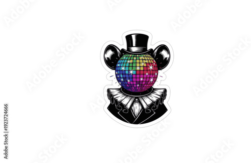 Funny Victorian mouse with Disco Ball Sticker Silhouette. Quirky Surreal Silliness and Humorous Character Design for Gen Z Aesthetic Vector.