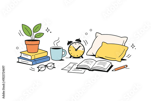 Harmonious Interior Flow. Almost tidy rooms. Abstract composition of interior objects like books, plants, and pillows slightly off-balance but harmoniously