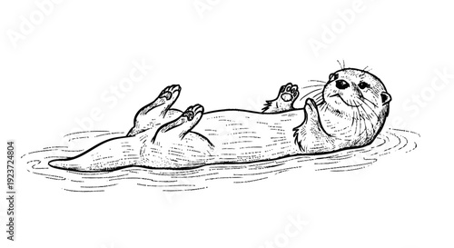 Otter Floating on Water Surface Relaxing.