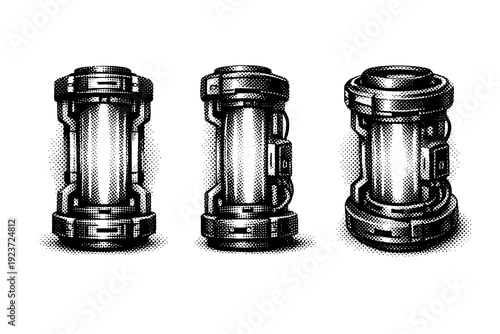 Sci-fi energy core icon shown as a single glowing power element object presented in three views: front view, side view, and three-quarter