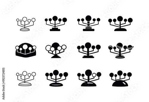 Collection of solar system models and orrery icons in various styles