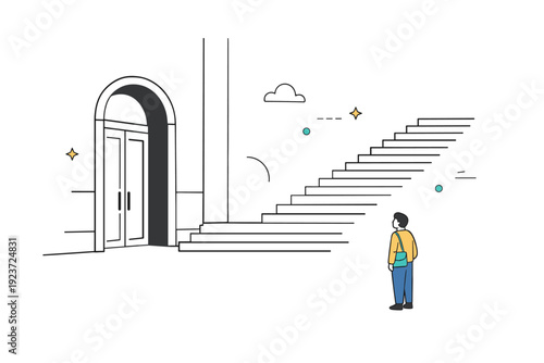 People dwarfed by architecture in everyday moments. A person pauses near a large building entrance or staircase, momentarily still within an