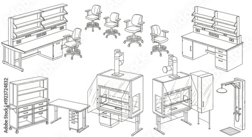 Office furniture arrangement with desks, chairs, and storage units in a workspace setting.