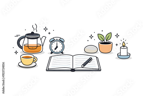 Personal grounding ritual. A morning routine scene with tea brewing, notebook open, and a few intentional objects arranged neatly. Slow