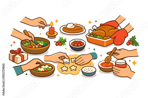 Cooking together for seasonal family celebrations a friendly and calm scene of multiple hands sharing tasks around a table, highlighting