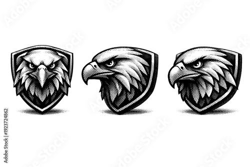 Sports team mascot crest emblem object shown in three views including front view, side view, and three-quarter view focusing on layered
