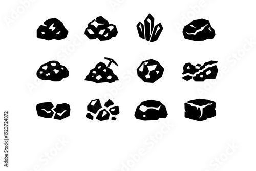 Ore Icon Set. Ore. Solid icon set of Ore: ore rock, mineral chunk, crystal shard, raw stone, metal nugget, mined ore pile, rough gemstone, ore vein, cracked