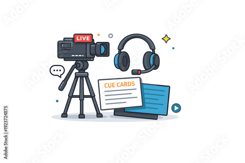Behind the scenes of live television a camera on a tripod with headset and cue cards, conveying production teamwork and fast-paced