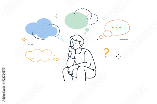 Thinking without conclusion. Person seated with chin resting on hand, abstract thought bubbles floating and fading mid-air. Quiet mental