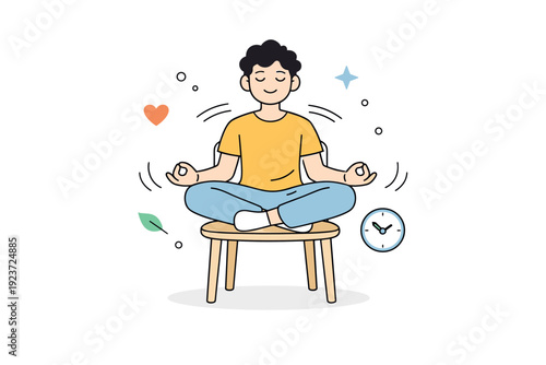 Mindfulness in everyday life. A relaxed person meditates while seated on a chair, showing an accessible and modern approach to mindfulness. The illustration