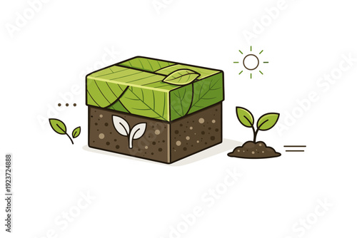 Plant-based materials. A packaging box made of leaves and soil textures, with a growing sprout symbol nearby, emphasizing origin