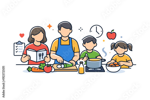 Meal planning and cooking for families cozy kitchen moment with parents and kids represented through simple shapes preparing food together,