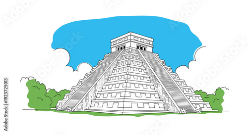 Chichen itza pyramid sketch with blue sky and green landscape