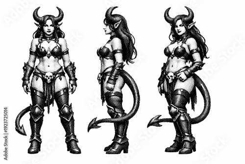 Fantasy creature character figurine with horns and tail shown from front view, side view, and three-quarter view as a single object set with