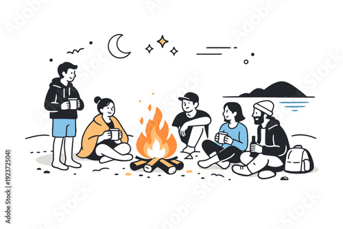 Beach night gathering. A small group standing or sitting around a bonfire, flames softly lighting faces and sand. Cozy warmth against the