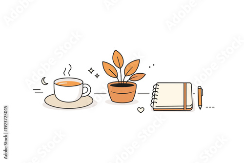 Slow living lifestyle. A cozy table with a cup of tea, plant, and notebook arranged with lots of empty space. Quiet routine and mindful simplicity mood.