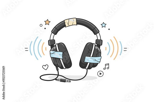 Cracked but working tech. Headphones held together with visible tape, soft sound waves gently radiating. Continued usefulness despite damage. Minimalist flat