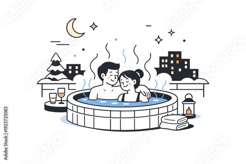 Winter rooftop hot tubs. A couple relaxing in a rooftop hot tub at night, gentle steam rising and soft city lights glowing, intimate and peaceful winter