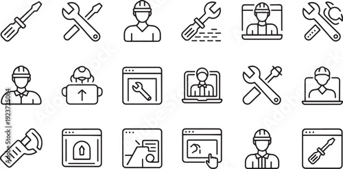 Collection of flat design icons representing various engineering and construction activities