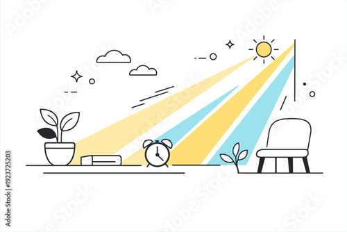 Morning light earlier than usual. Abstract composition of rising sun rays entering a quiet interior, light shapes arriving sooner than