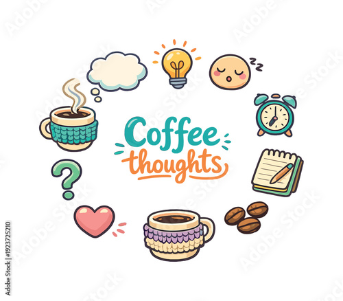 Coffee thoughts. Hand drawn illustration of Coffee thoughts. steaming coffee cup, thought