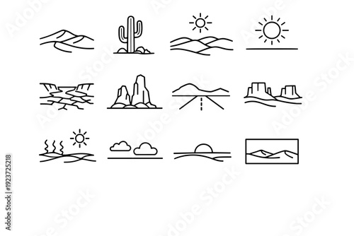 Desert landscapes. Line icon set of Desert landscapes: sand dunes, cactus plant, desert hills, sun overhead, dry riverbed, rocky formations,