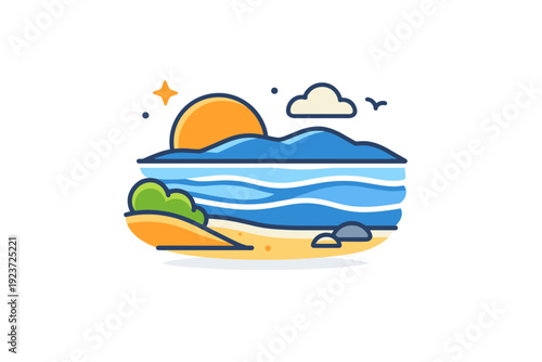 Peaceful landscape depicted as a minimal shoreline with smooth water lines and soft sky accents, communicating serenity, breathing space, and emotional calm.