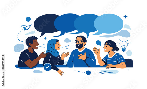 Voice being heard. Diverse people sharing opinions, speech bubbles connecting into a single