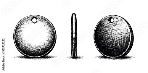 Blank round metal tag shown from three different angles in a stippled illustration style