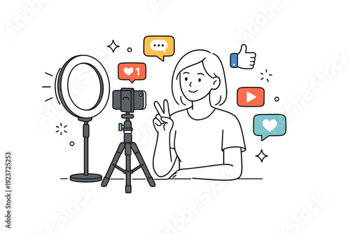 Influencer content creators. Person filming themselves with a smartphone on a tripod, soft ring light and social media icons floating nearby.