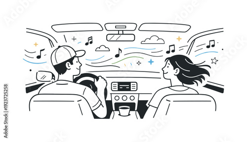 Couple enjoying a road trip with music and good vibes inside the car