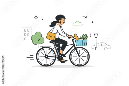 Cyclists returning to streets during daily routines. A person cycles to work or errands with a bag or basket, blending smoothly into city
