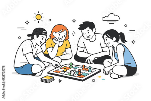 Outdoor board games with friends. Casual outdoor game session where friends lean in, discussing moves and laughing together. The scene