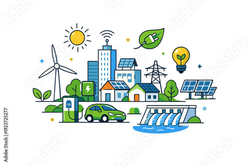 Sustainable Urban Development. Green energy city elements powered by renewable symbols and greenery, communicating progress, smart infrastructure and