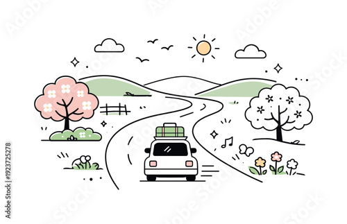 Spring Countryside Adventure. Spring holiday countryside road trip illustration. A car driving along a winding country road with blooming trees and soft hills,
