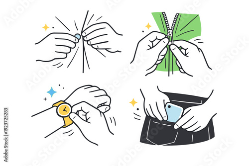 Unposed hands close-ups. A close-up view of hands adjusting clothing or an object without conscious posing. Candid motion and human imperfection. Minimalist