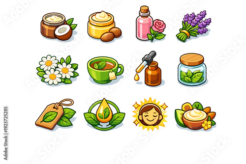 Natural skincare. Colorful isometric vector icons set of Natural skincare: coconut oil jar, shea butter container, rose water bottle, lavender buds, chamomile