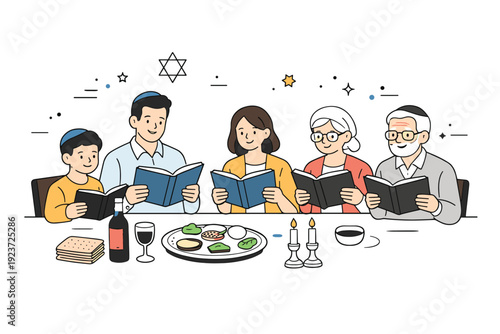 Family gathering at seder. A warm scene of multial family members seated around the seder table, preparing to read from the