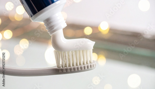 Toothpaste toothbrush fluoride free close up dental care oral hygiene white clean morning fresh. Fluoride free toothpaste being applied perfect ribbon toothbrush close up clean and fresh feeling