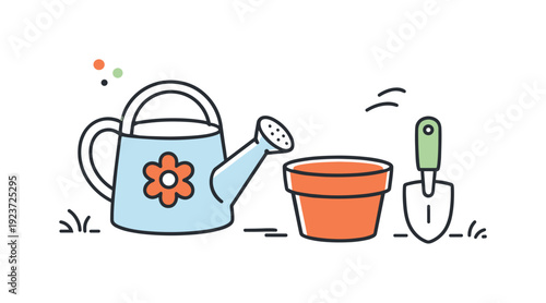 Cute cartoon gardening tools: watering can, pot, and trowel for planting