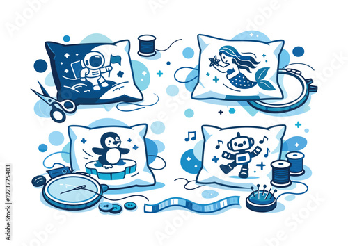 Artisan embroidery workflow. Multiple pillowcases in progress, each with a different