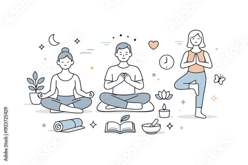 Mental wellness scene. Peaceful meditation, yoga, and mindfulness activities in calm and supportive environment. Minimal editorial