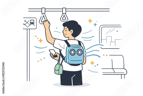 Public transport with wearable cooler. A person standing in a subway wearing a portable cooling device, abstract floating lines and