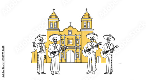 Day of the dead mariachis: skeleton band by colonial church in line art