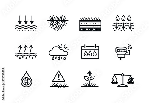 Proper Lawn Watering. Line outline icon set of Proper Lawn Watering: deep watering arrows,
