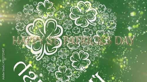 Lens flare flashing shamrock heart pulsing, sparkles drifting outward, gold text revealing greeting